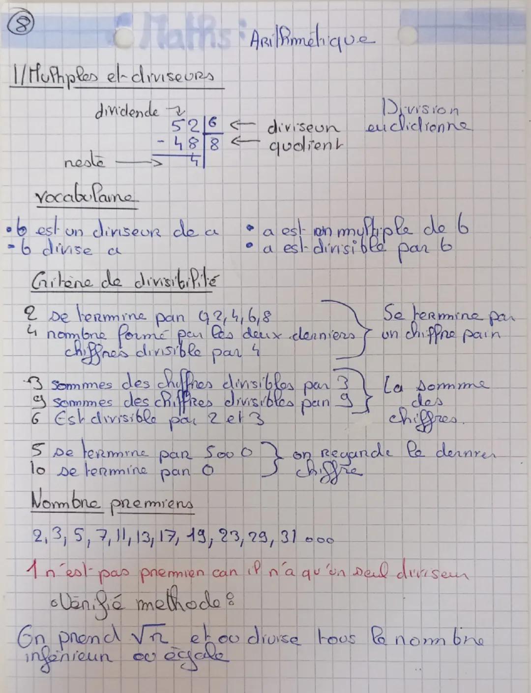 # 8
# Maths : Arithmétique
## 1/ Multiples et diviseurs
```
dividende 52 | 6 <- diviseur
-48 |
---
reste 4 | <- qu