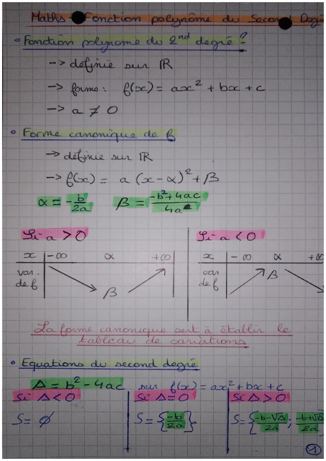 Maths
Fonction polynome do 2nd
> definie
sur R
-> forms: f(x) = ax² +bx+c
->AZO
270
• Forme canonique de f
O
→ definie sur IR
-> f(x) =
x =