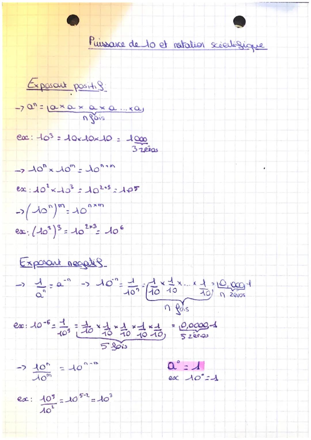 Exposant positi
-70" = ax ax axa.... Xa
n gais
exc: 10³ = 10×10×10 = 1000
3 zeias
Puissance de 10 et natation scientifique
10" x 10" - 1onam