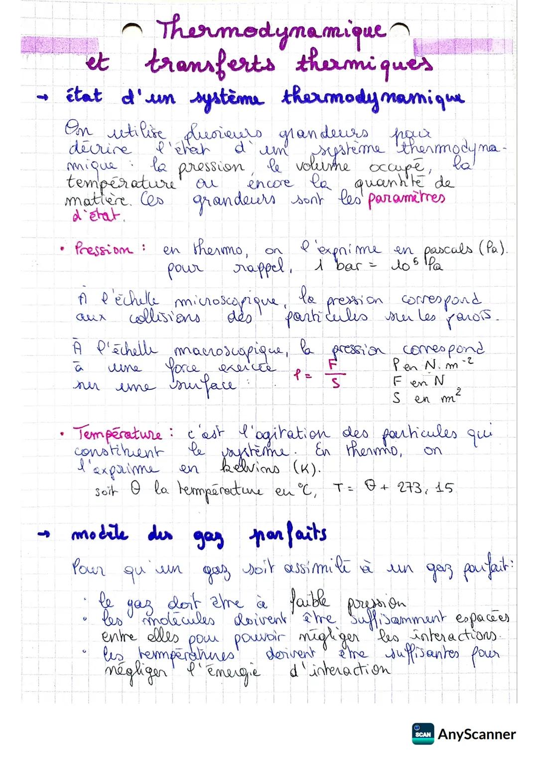 # Thermodynamique
et transferts thermiques
- état d'un système thermodynamique
On retilise plusieurs grandeurs pour
décrire l'état d'un s