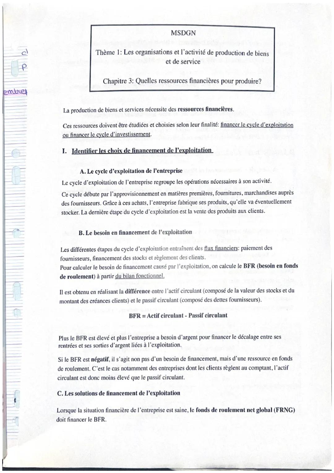 P
embre
MSDGN
Thème 1: Les organisations et l'activité de production de biens
et de service
Chapitre 3: Quelles ressources financières pour