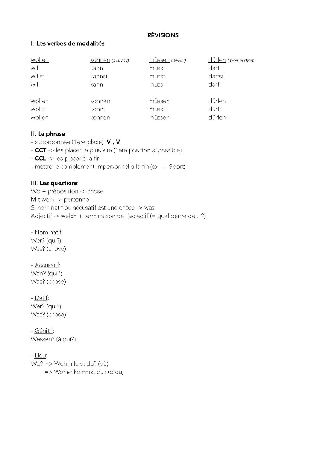 Fiche allemand : prépositions, phrase, questions, verbes de modalité