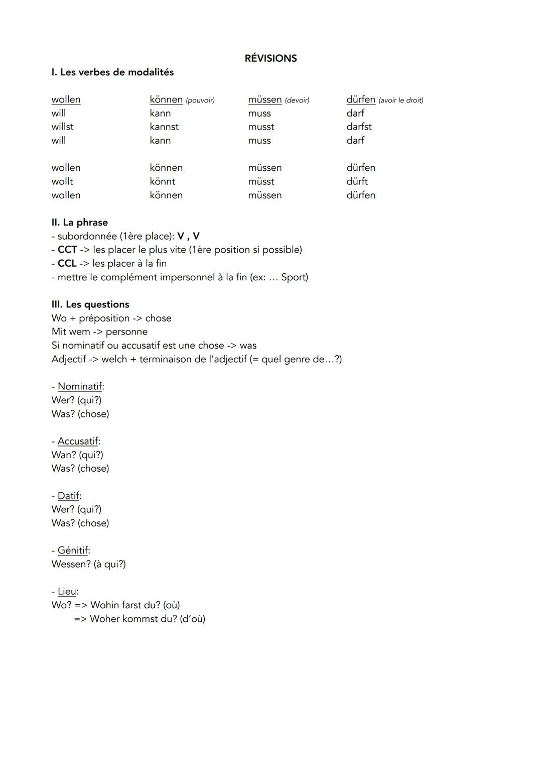 I. Les verbes de modalités
wollen
will
willst
will
wollen
wollt
wollen
- Nominatif:
Wer? (qui?)
Was? (chose)
- Accusatif:
Wan? (qui?)
Was? (