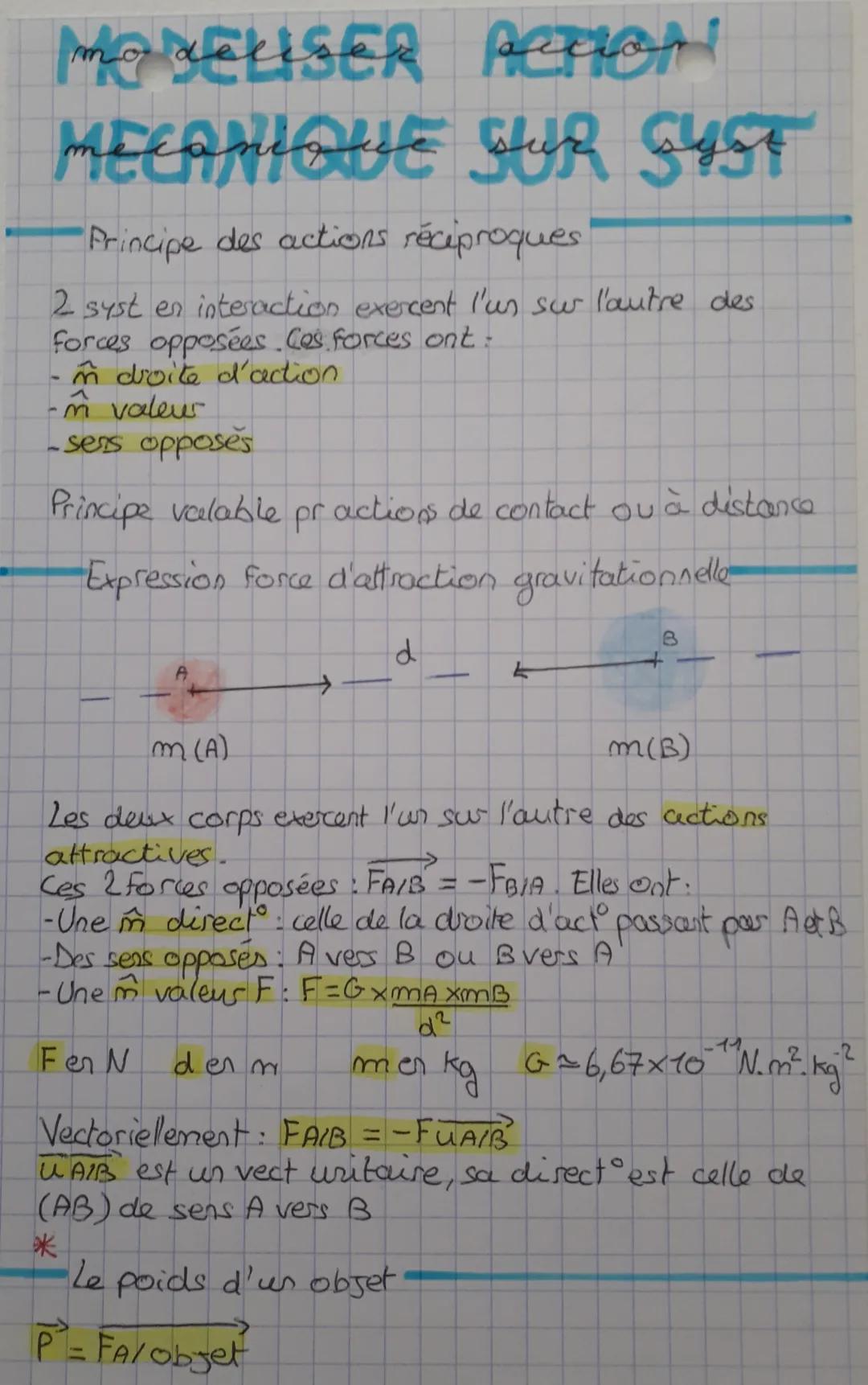 # MODELISER ACTION
# MECANIQUE SUR SYST
Principe des actions réciproques
2 syst en interaction exercent l'us sur l'autre des
forces oppos