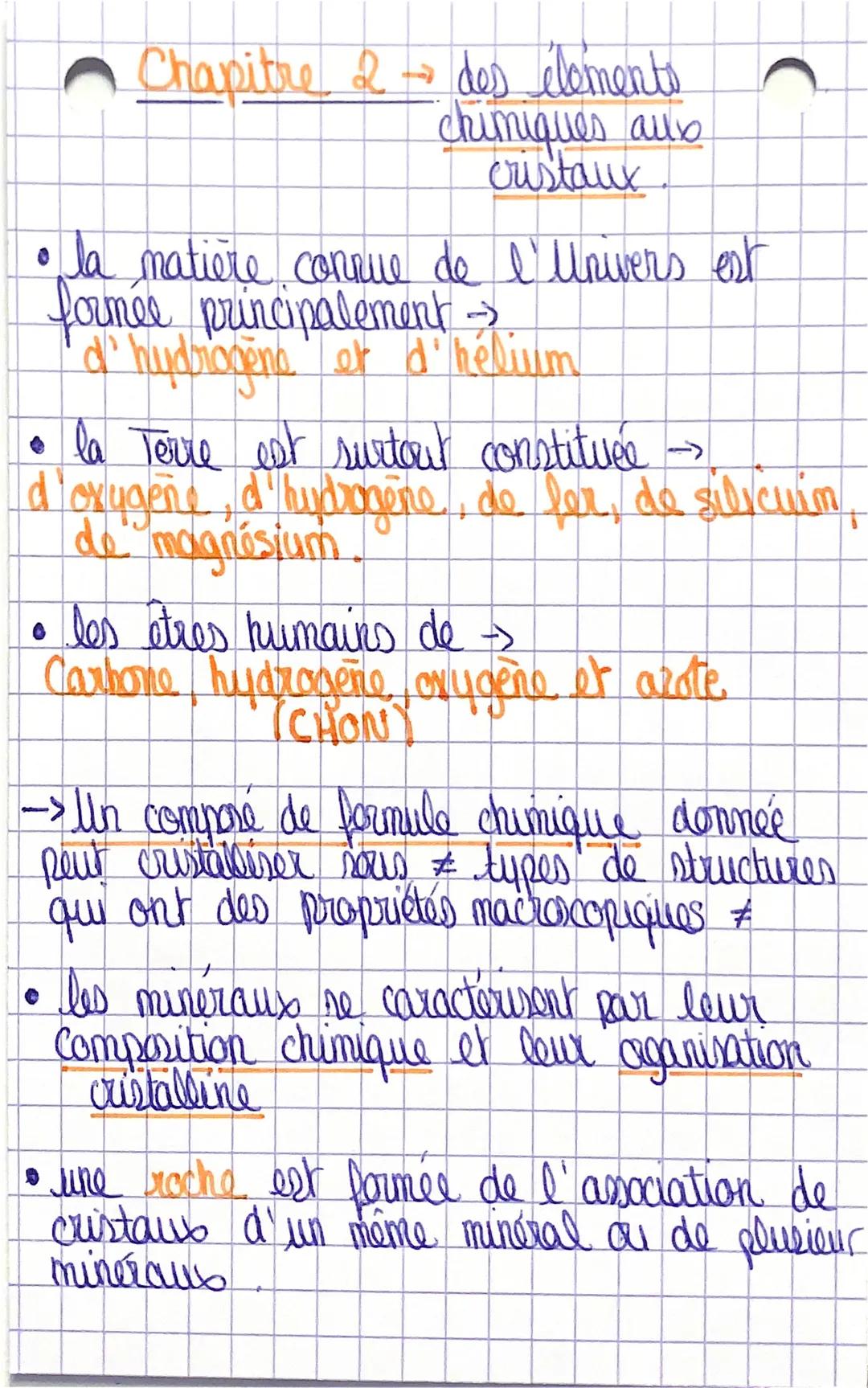 Chapitre 2 → des éléments
chimiques aux
cristaux
C
• la matière connue de l'Univers est
formée principalement ->
d'hydrogène et d'hélium
• l