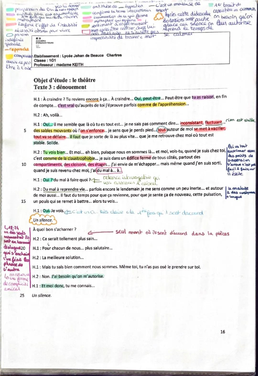 ## Objet d'étude : le théâtre
## Texte 3 : dénouement
H.1: À craindre ? Tu reviens encore à ça... À craindre... Oui, peut-être... Peut-être