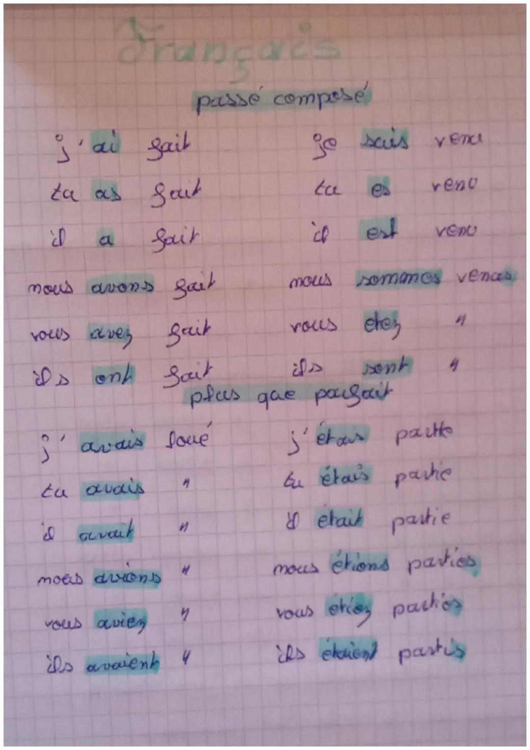 Françues
j'ai gail
ta as Sout
¿D
fait
nous avons fait
vous avez gait
Is ont fait
tu avais
avais love
I avoit
moes drMOND
"
passé composé
"
v