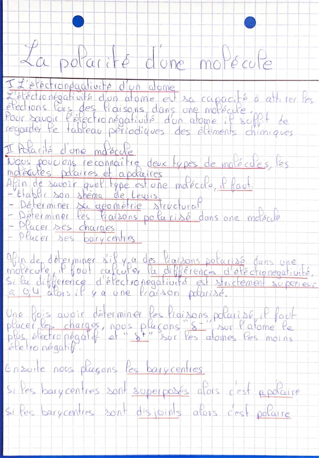 # La polarité d'une molécute
I L'éléctronegativité d'un alome
L'étéctionégativité d'un atome est sa capacité à attirer fes
élections fors d