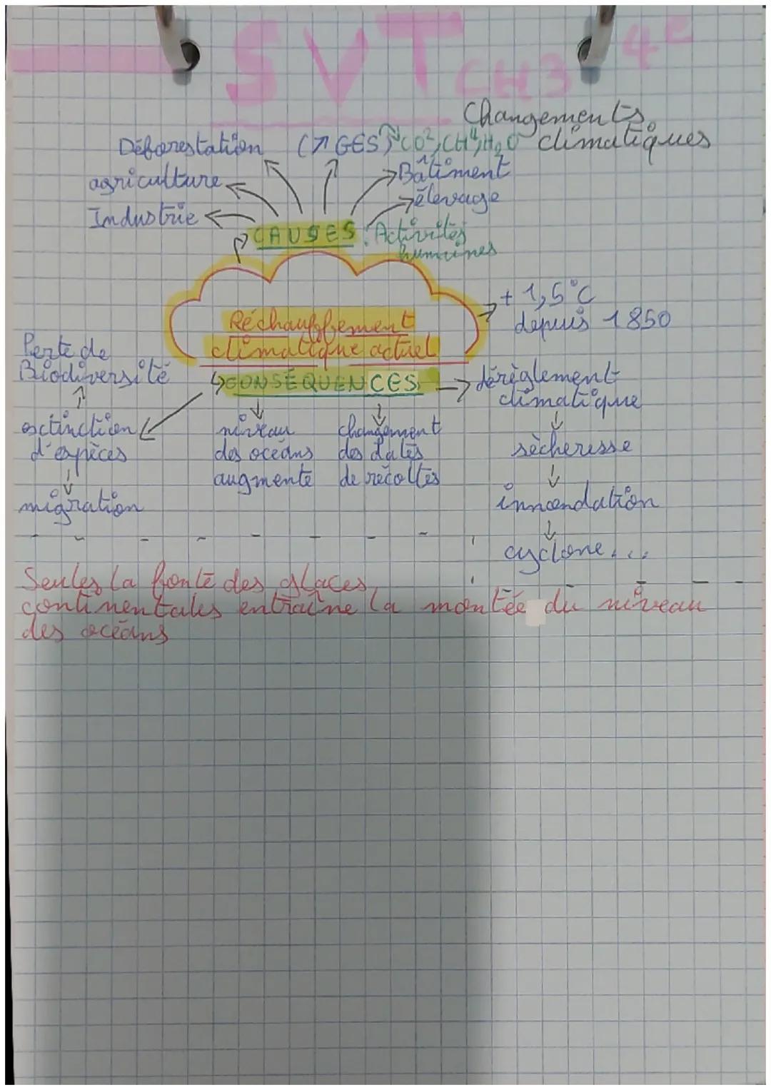 Changement
Déforestation (GES CO$_2$ CH$_4$, H$_2$O climatiques
Baliment
agriculture
Industrie
CAUSES Activités
humaines.
Réchauffement
clim