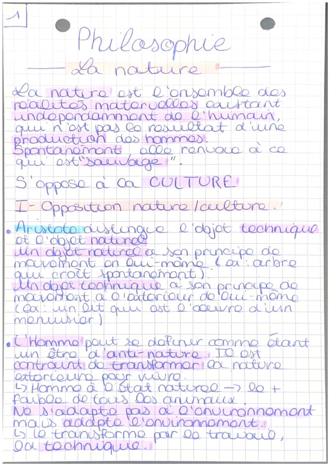 # 1
# Philosophie
-- La nature --
La nature est l'ensemble des
realites matervolles eaistant
indopondammont do l'humain,
qui n'est pas la