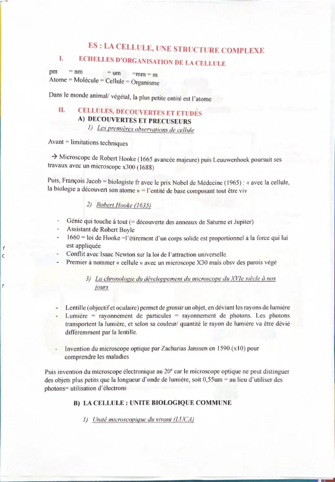 pm
I.
ES: LA CELLULE, UNE STRUCTURE COMPLEXE
ECHELLES D'ORGANISATION DE LA CELLULE
= nm
um
-mm-m
Atome - Molécule = Cellule Organisme
Dans l