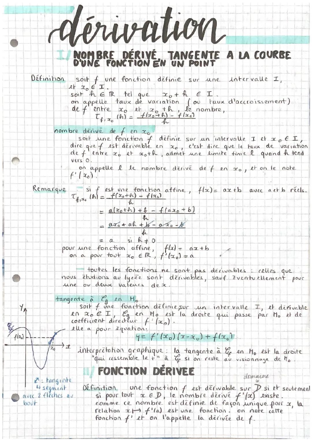# dérivation
I NOMBRE DÉRIVÉ, TANGENTE A LA COURBE
D'UNE FONCTION E'N UN POINT
Définition
soit f une fonction définie sur une intervalle I