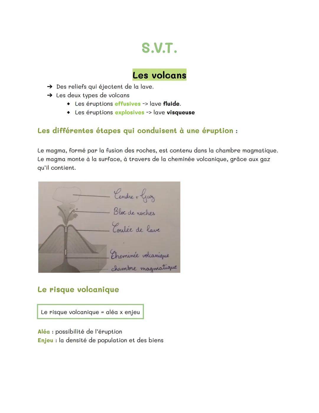 S.V.T.
Les volcans
→ Des reliefs qui éjectent de la lave.
→ Les deux types de volcans
Les éruptions effusives -> lave fluide.
◆ Les éruption
