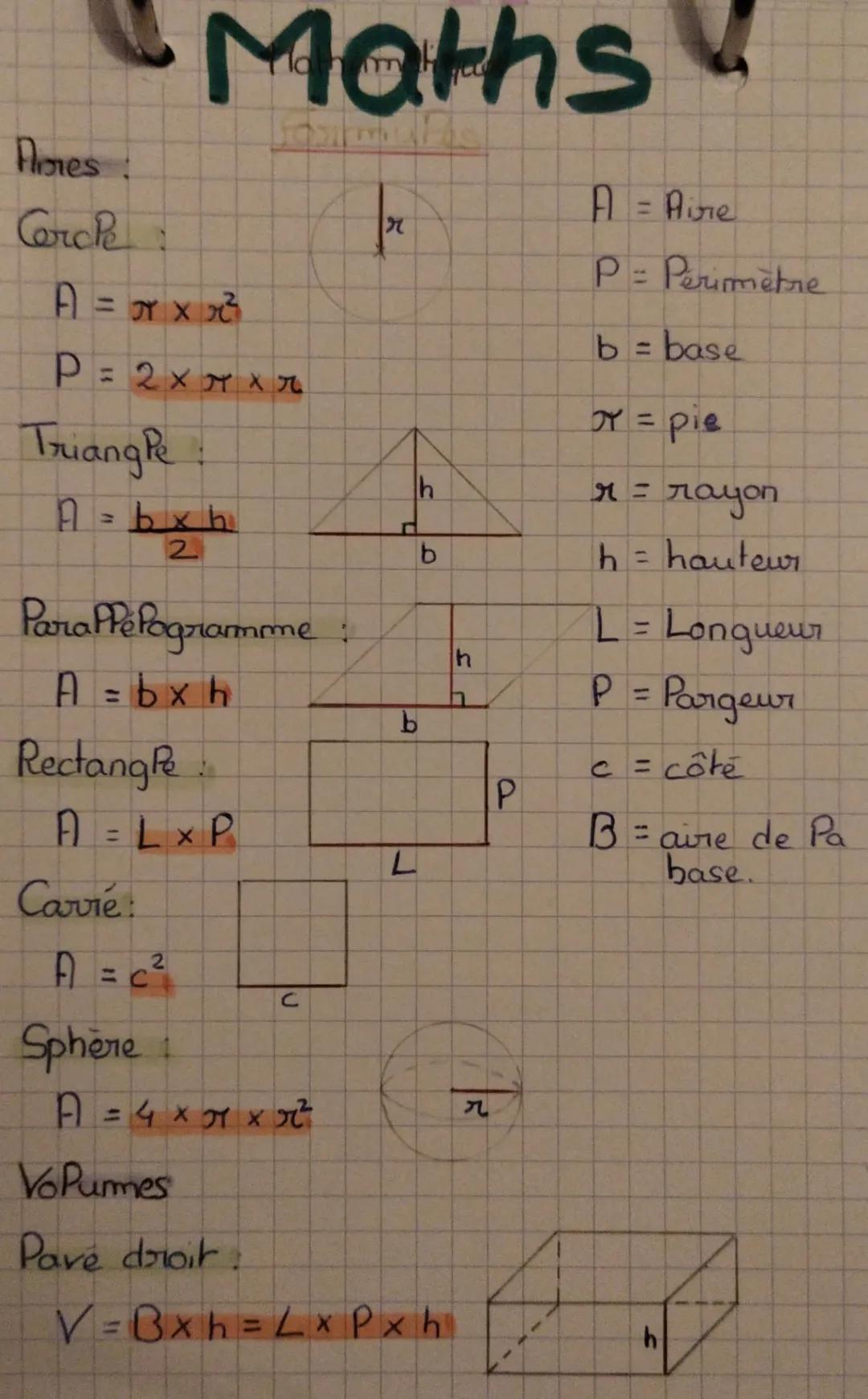 Flores!
Cerch
A=πxx²³
P=2×πxr
Triangle
nbxh.
2
Paraffe Pogramme:
A:bxh
Rectangle
Maths
A = LX P
Carre
A = c ²₁/
2
Sphère
с
A = 4×2ײ
九
h
C
b
