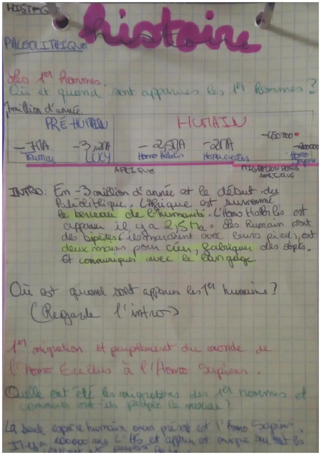 HIST G
PALEOLITHIQUE
Les per hommes,
Que et quand sont apparmes les 1º1 hommes
Frillion d'année
histoire
PRE HOTAIN
-3,2nA
-71A
Tumay
HUMAIN