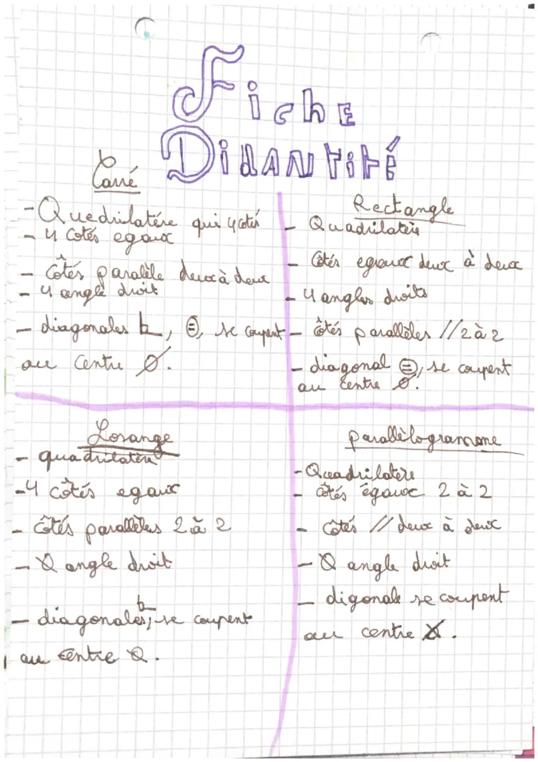 Ficht
Can DidANTITÉ
Rectangle
-Acreditative Quedrilatére que yodia yotér Quadritt angle
cotés eganc
Cotes paralele
paralele devocă deve
4 a
