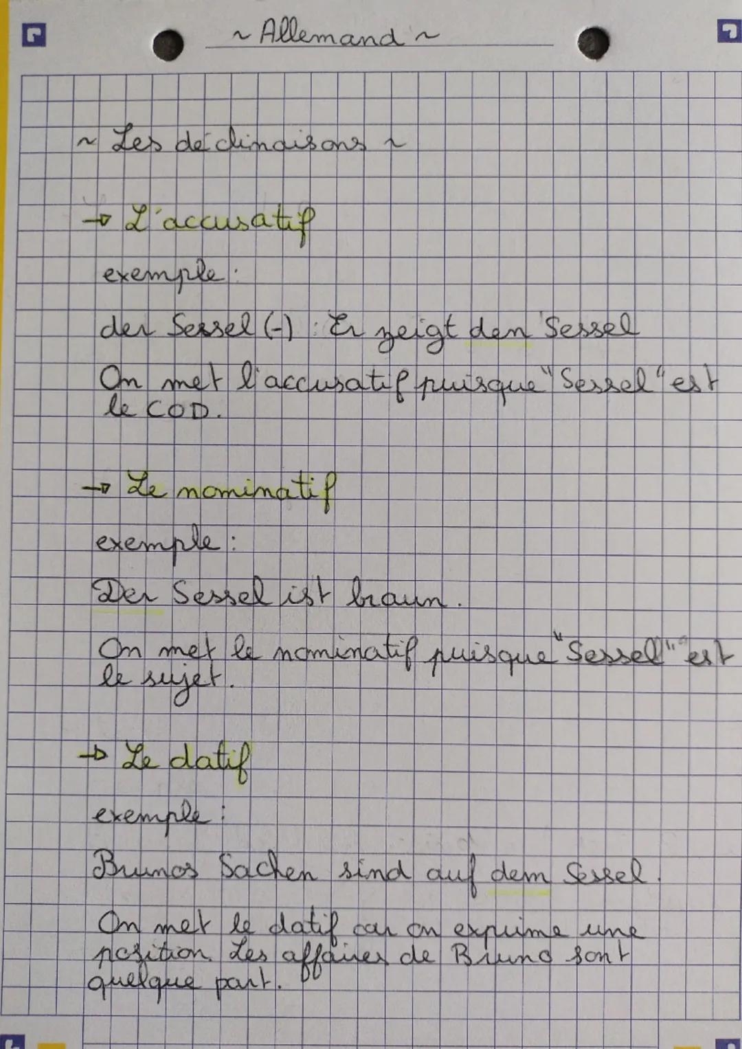 r
1
-
~ Allemand ~
Les declinaisons a
L'accusatif
exemple
der Sessel (-). Er zeigt den Sessel
On met l'accusatif puisque Sessel "est
le COD.