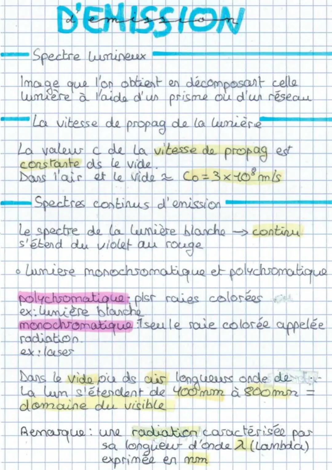 D'EMISSION
•Spectre lumineux
Image que l'on obtient en décomposant celle
lunière à l'aide d'us prisme ou d'un réseau
La vitesse de propag de
