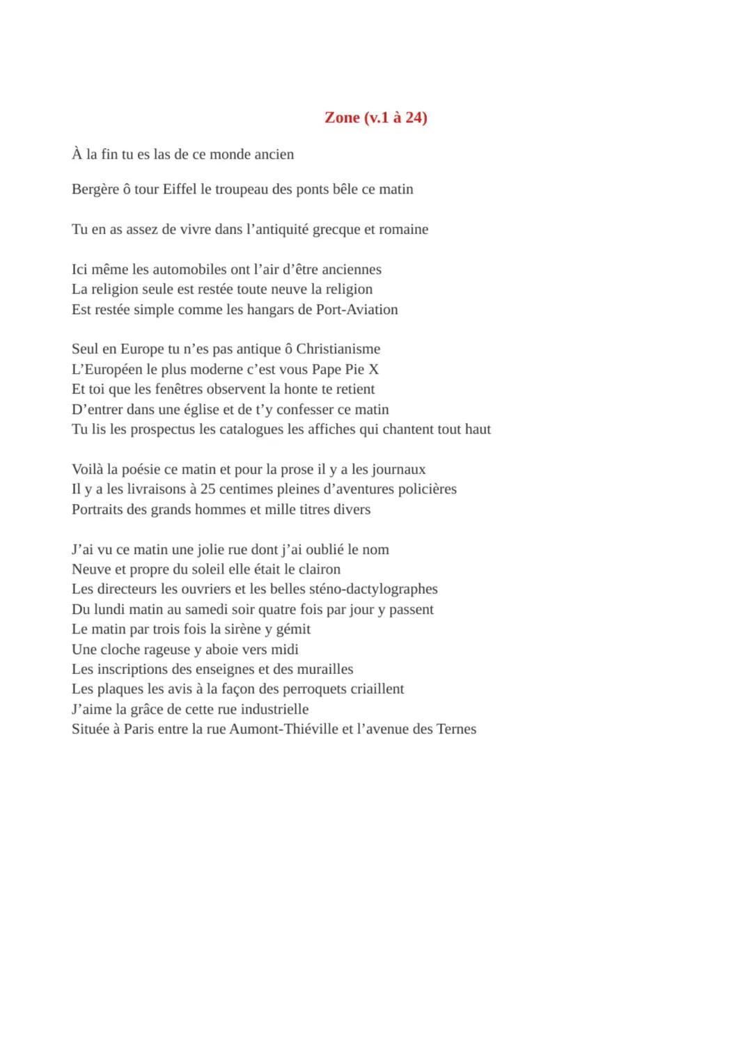 # Zone
Œuvre intégrale: Alcools de Guillaume Apollinaire, 1913
Intro
Phrase d'accroche:
Alcools $\rightarrow$ titre original $\rightarro