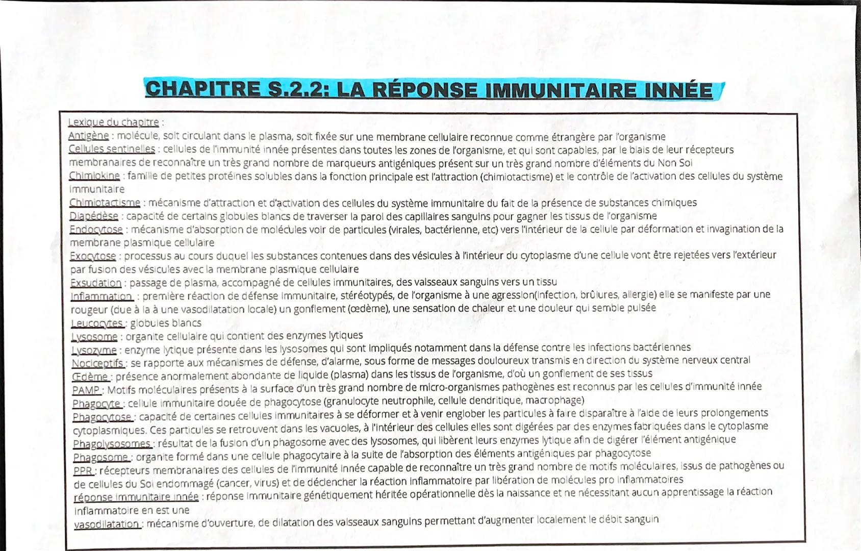 # CHAPITRE S.2.2: LA RÉPONSE IMMUNITAIRE INNÉE
Lexique du chapitre:
Antigène: molécule, solt circulant dans le plasma, soit fixée sur une