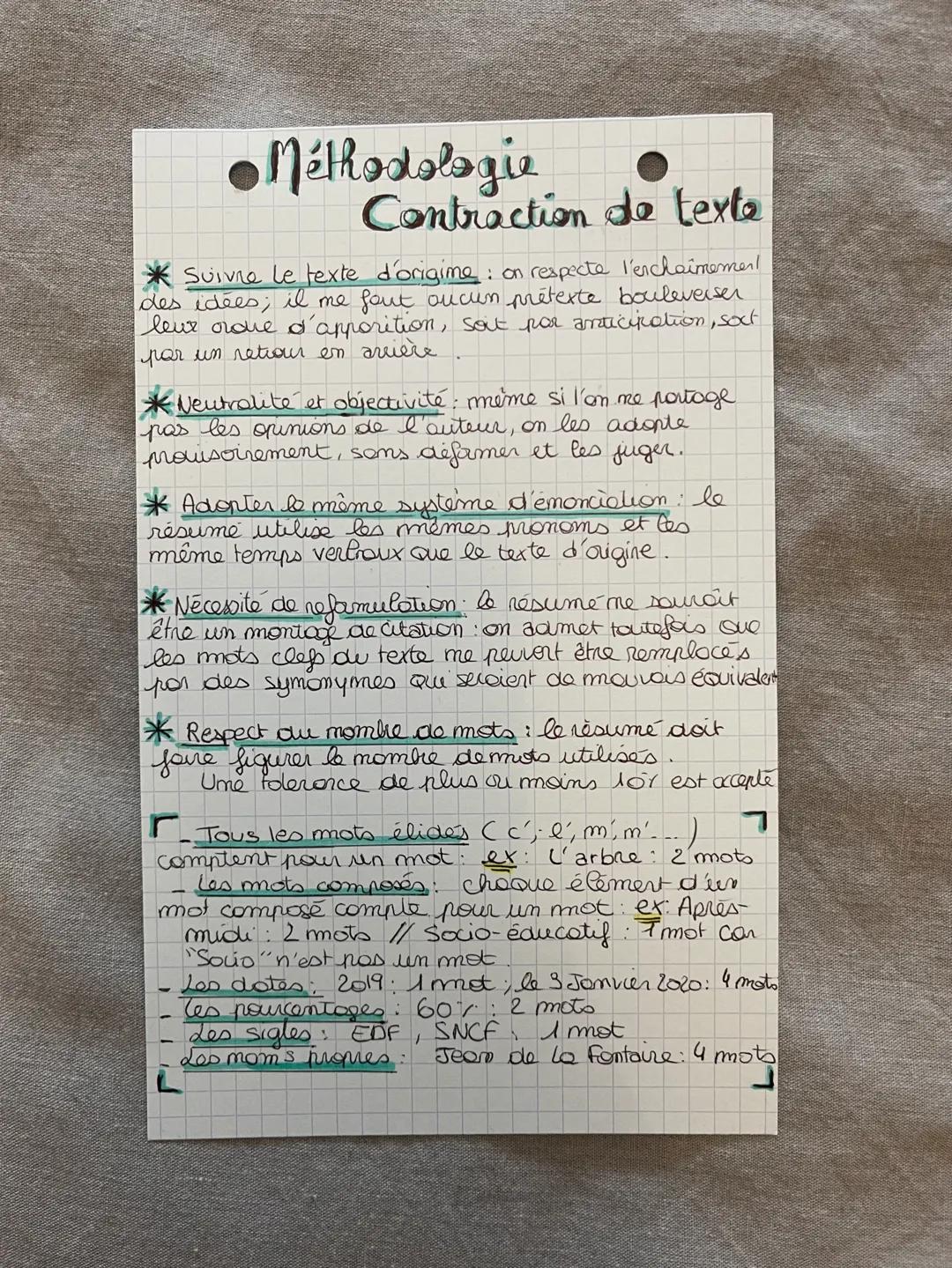 Methodologie
Contraction de texte
Suivre le texte d'origine : on respecte l'enchainement
des idées; il me faut aucun prétexte bouleverser
le