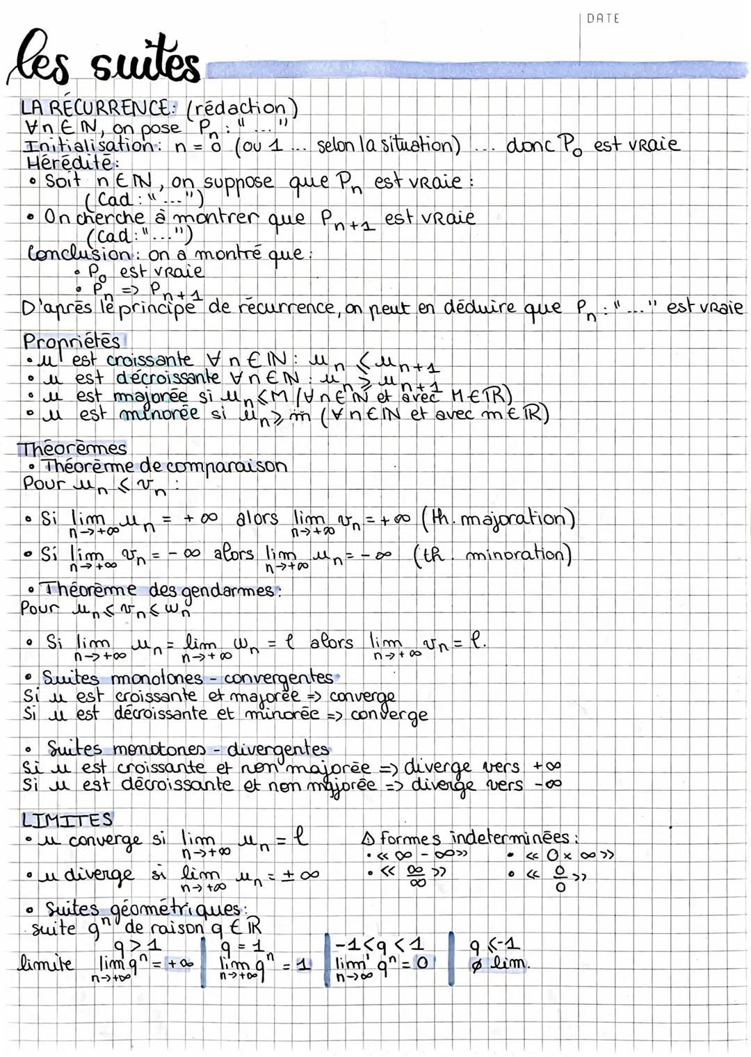 DATE
les suites
LA RECURRENCE: (rédaction)
$
Vn \in \mathbb{N}$, on pose $P_n$: "..."
Initialisation; n = 0 (ou 1... selon la situation) .