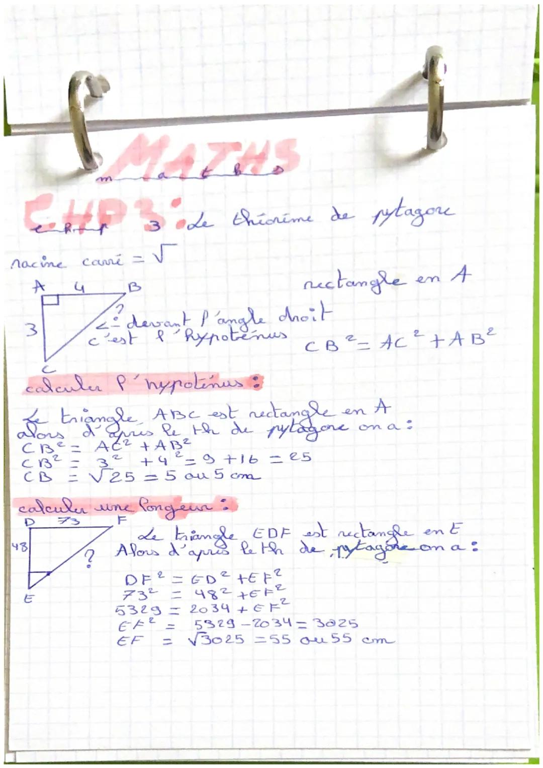 & MATHS
4
CUP
sette 3 ode thiorime de pytagore
nacine came =
A
3
4
48
B
E
√
CB² = AC² + AB²
CB² =
2
2
CB
<- devant l'angle droit
c'est l'hyp