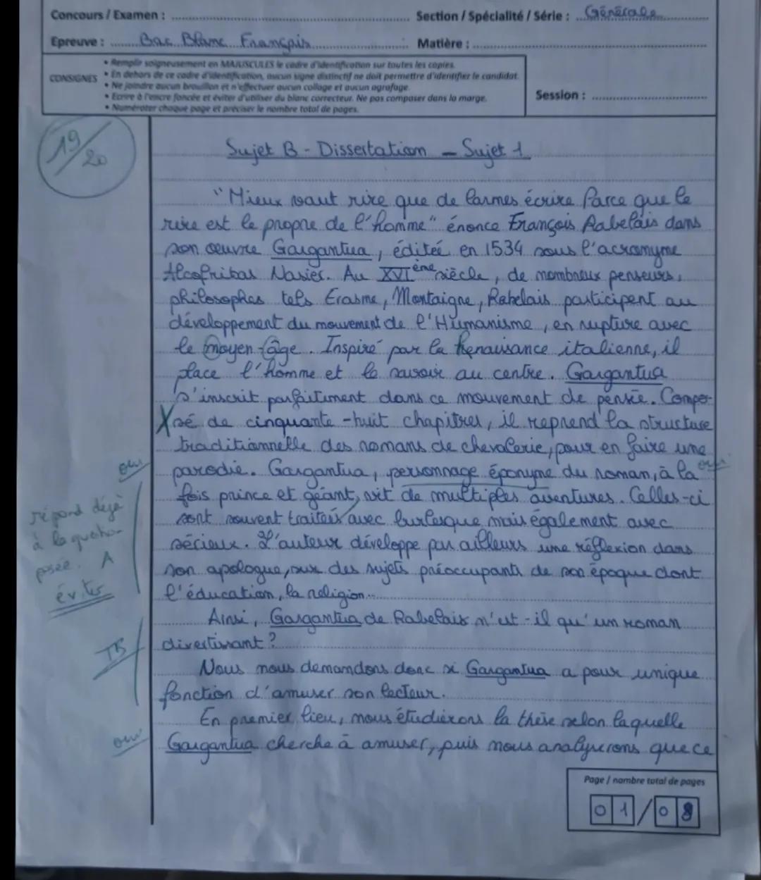 B- Dissertation (20 points)
Objet d'étude: La littérature d'idées du XVIème au XVIIIème siècle.
Vous traiterez le sujet de dissertation qui