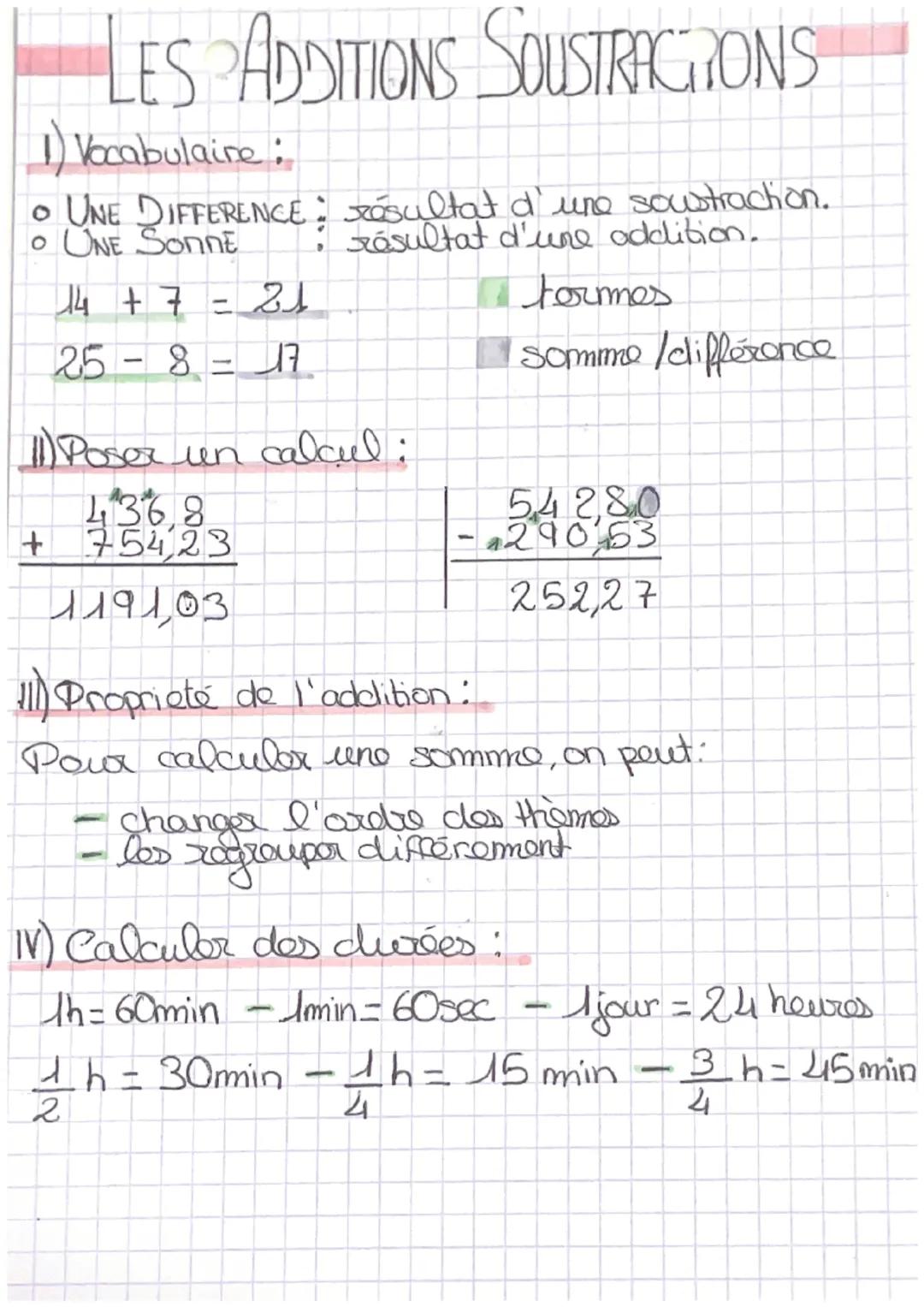 LES ADDITIONS SOUSTRACTIONS
1) Vocabulaire :
• UNE DIFFERENCE: résultat d'une soustraction.
O UNE SONNE
résultat d'une addition.
14 + 7 = 21