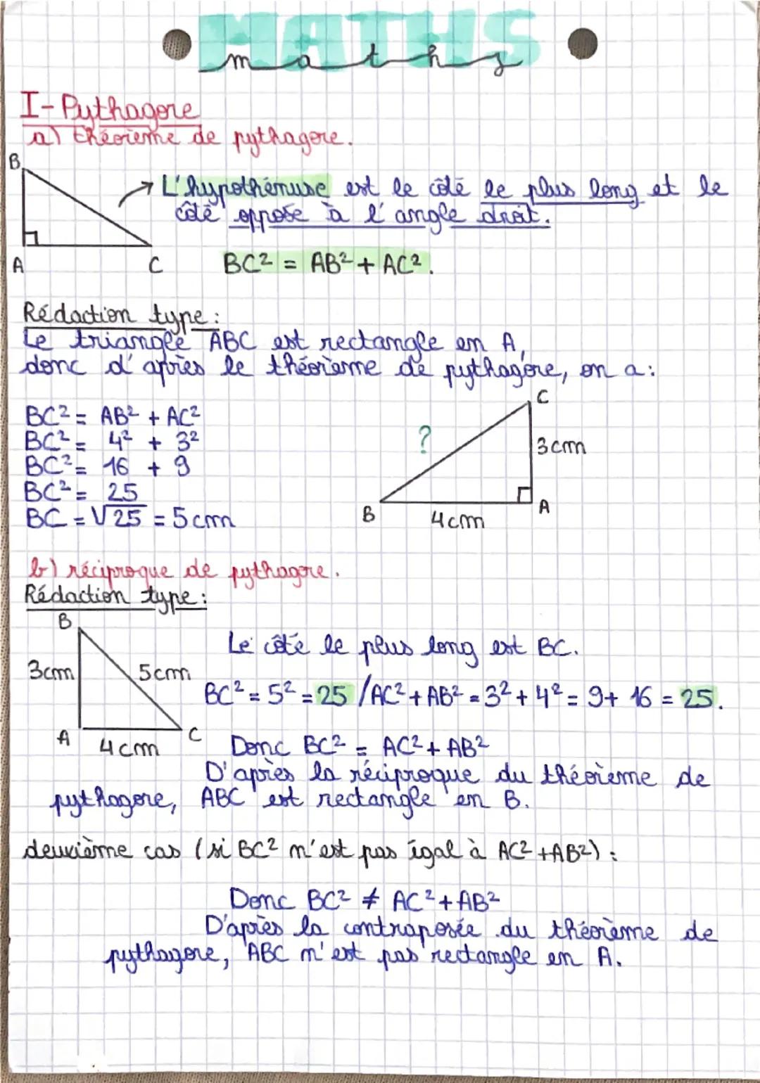 # maths
I-Puthagore
a) theoreme de pythagore.
B
L'hypothénuse est le côte le plus long et le
côté oppose à l' angle drát.
A
C
$BC^2 = AB
