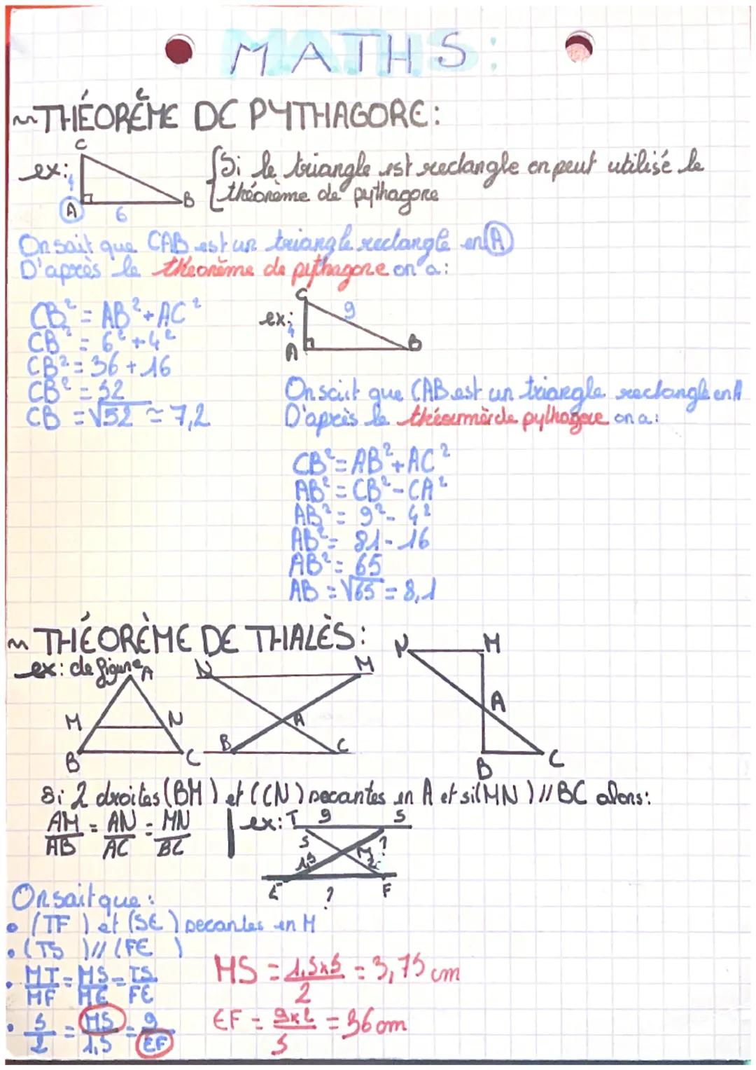 MATHS:
THEOREME DC PYTHAGORE:
с
ex:
Si le triangle est rectangle en peut utilisé le
-B (théorème de pythagore
A
6
On sait que CAB est un tri