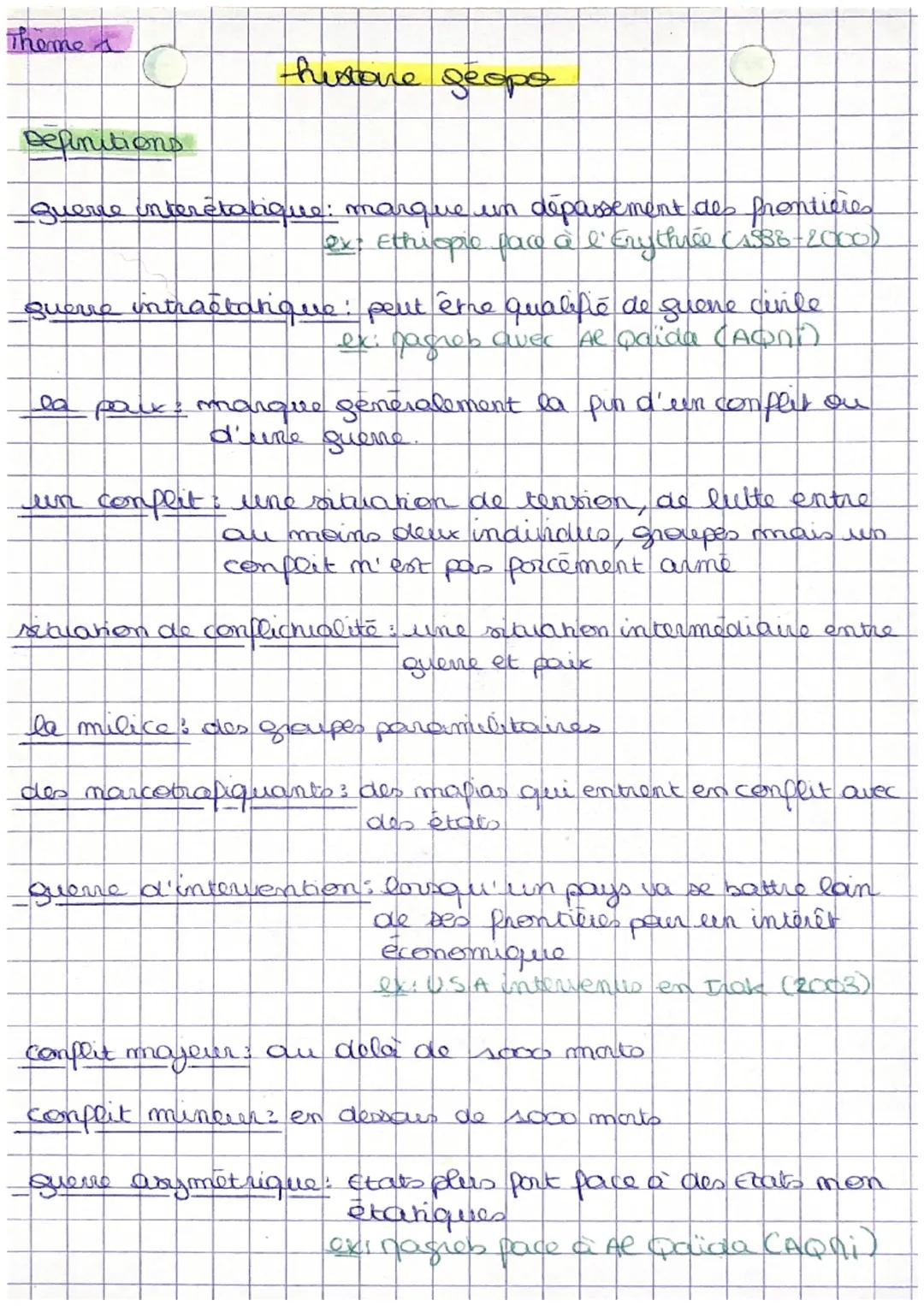 Theme A
histone geope
Definitions
Querre interétatique: marque un dépassement des frontières
ext Ethiopie face à l'Erythrée CAS38-2000)
quer