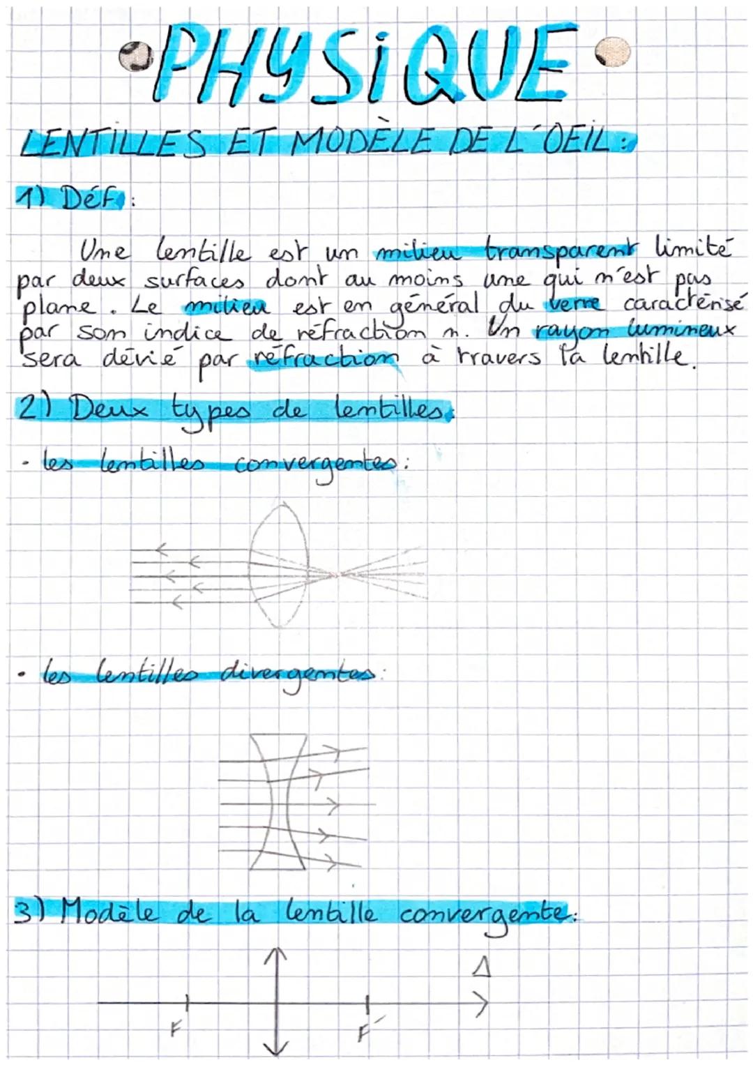 # PHYSIQUE
LENTILLES ET MODÈLE DE L'OEIL:
1) Déf:
Une lentille est un milieu transparent limité
par deux surfaces dont au moins une qui m