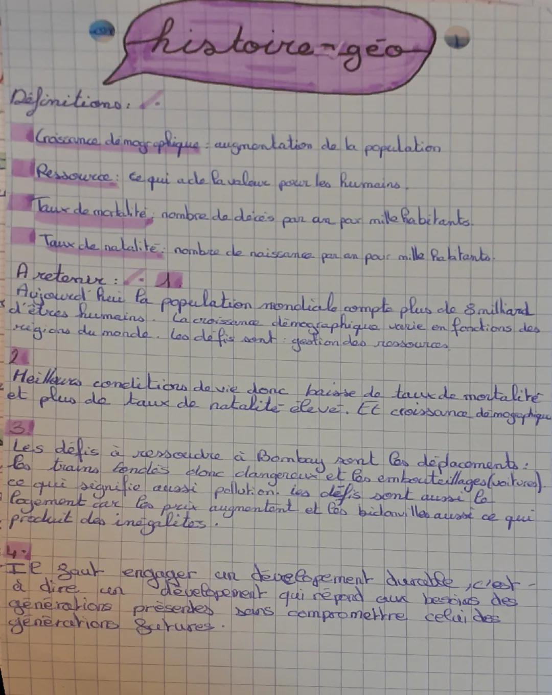 • Chistoire géo
Définitions:
Creissiounce de magsophique: augmentation de la population.
Ressource: Ce qui acle lavalour pour les humains