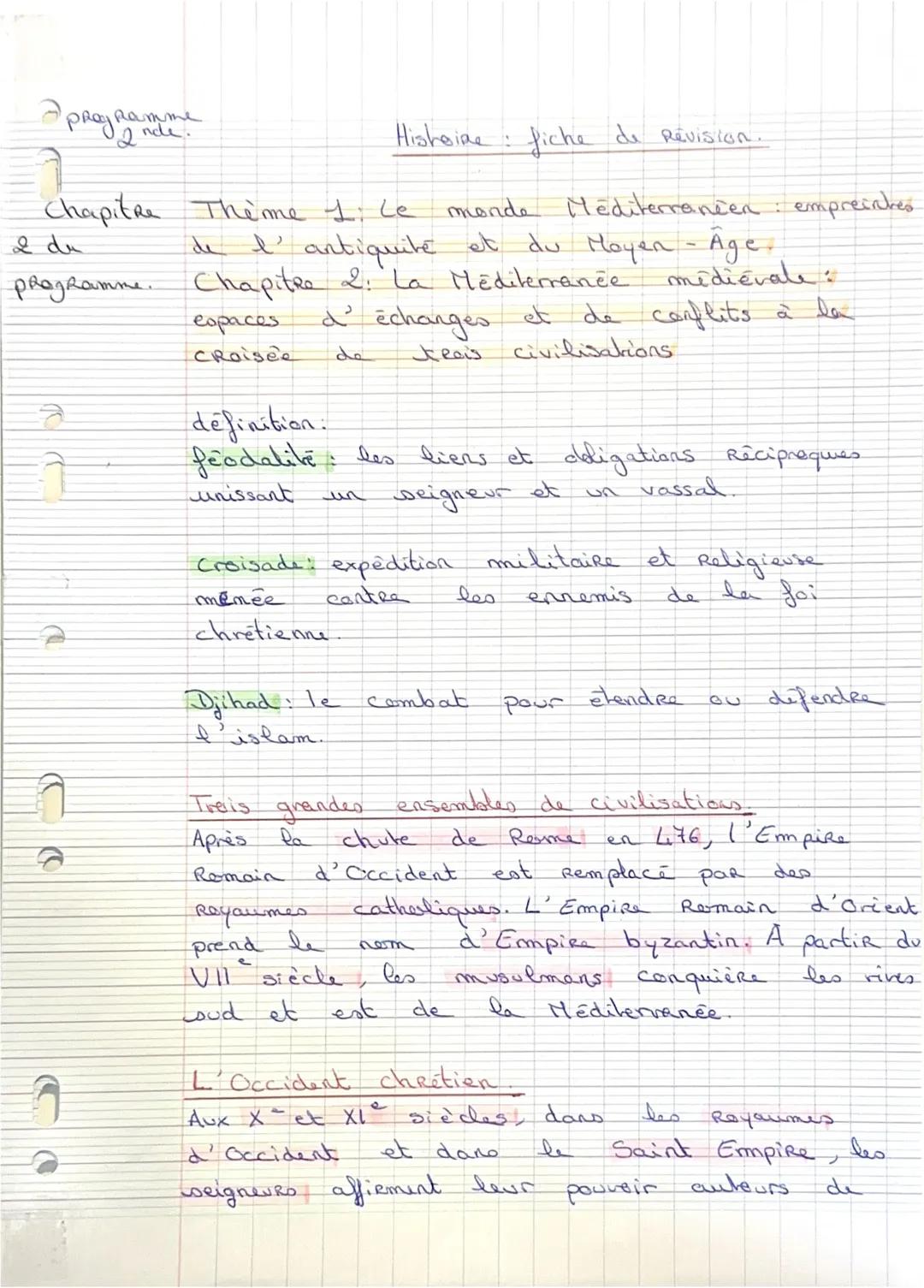 # Programme
2nde
Histoire : fiche de révision.
Chapitre 1 : le monde Méditerranéen : empreintes
de l’antiquité et du Moyen-Age
Chapitre 2