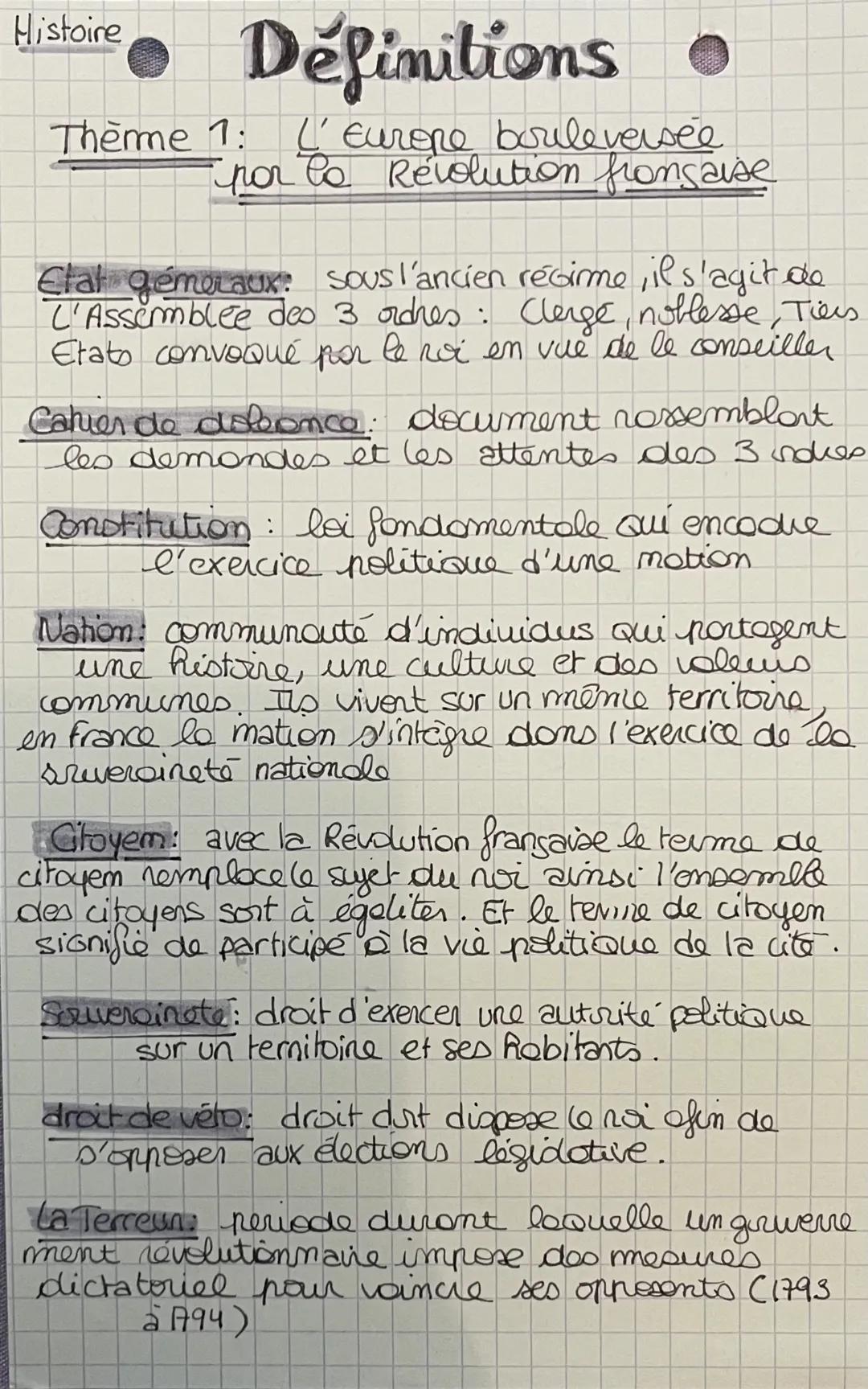 Histoire
Définitions
Theme 1: L' Europe bouleversée
por la Révolution française
Etat gémeraux: sous l'ancien régime, il s'agit de
L'Assemble