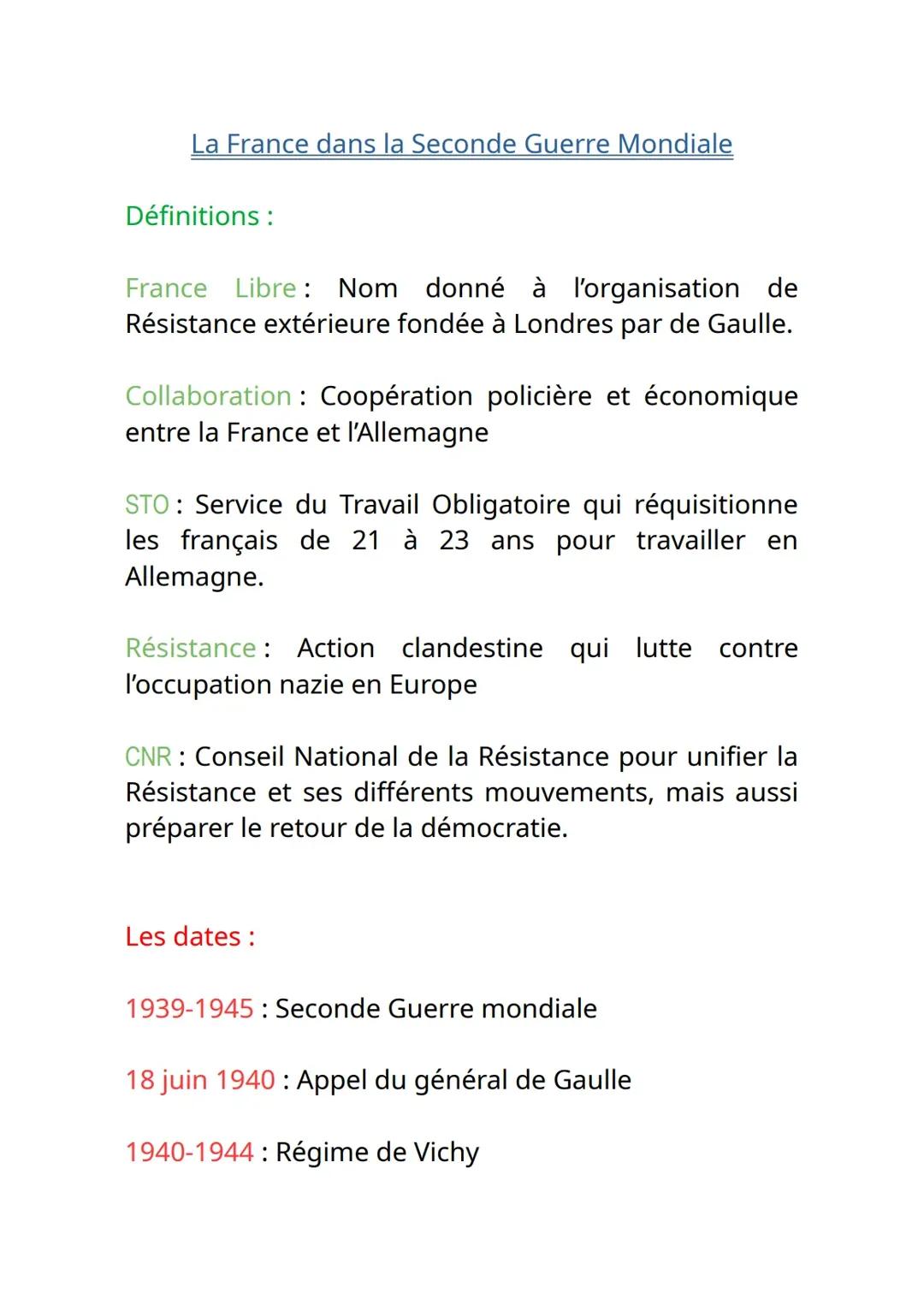 Fiche de révisions, La France dans la Seconde Guerre mondiale, Histoire-géographie