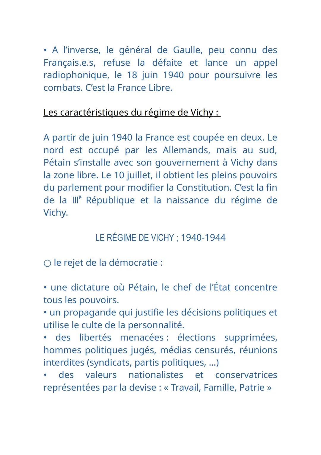 La France dans la Seconde Guerre Mondiale
Définitions:
France Libre: Nom donné à l'organisation de
Résistance extérieure fondée à Londres pa