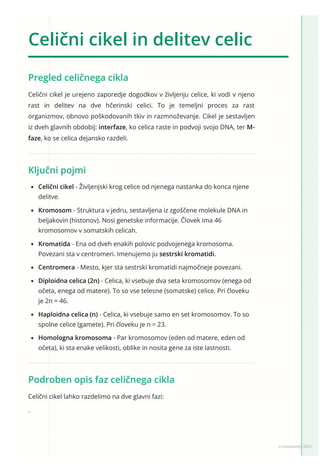 # Celični cikel in delitev celic
## Pregled celičnega cikla
Celični cikel je urejeno zaporedje dogodkov v življenju celice, ki vodi v njen