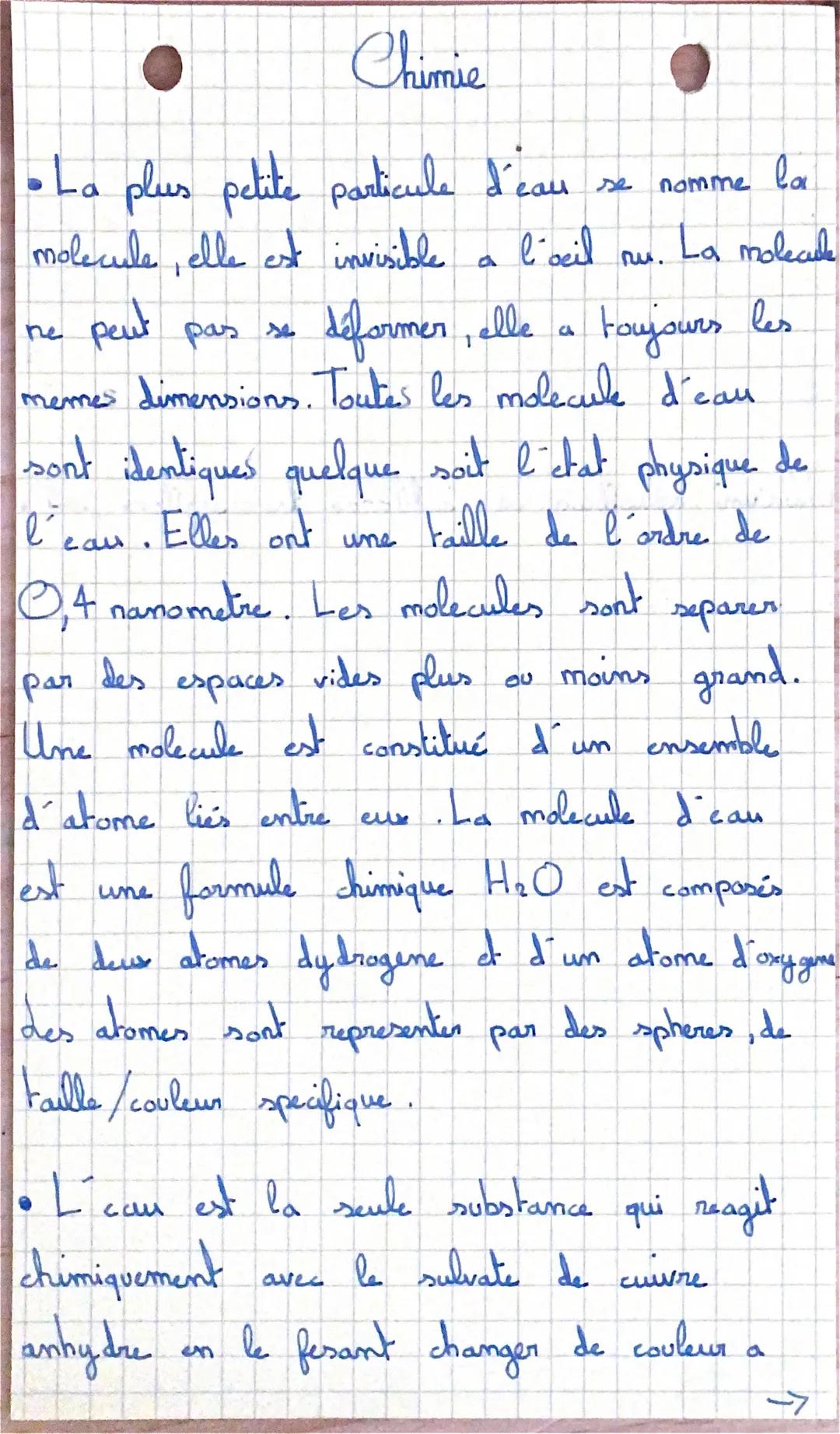 Chimie
• La plus petite particule d'eau se nomme la
molecule, elle est invisible a l'oeil nu. La molecule
ne peut pas se deformer, elle a t