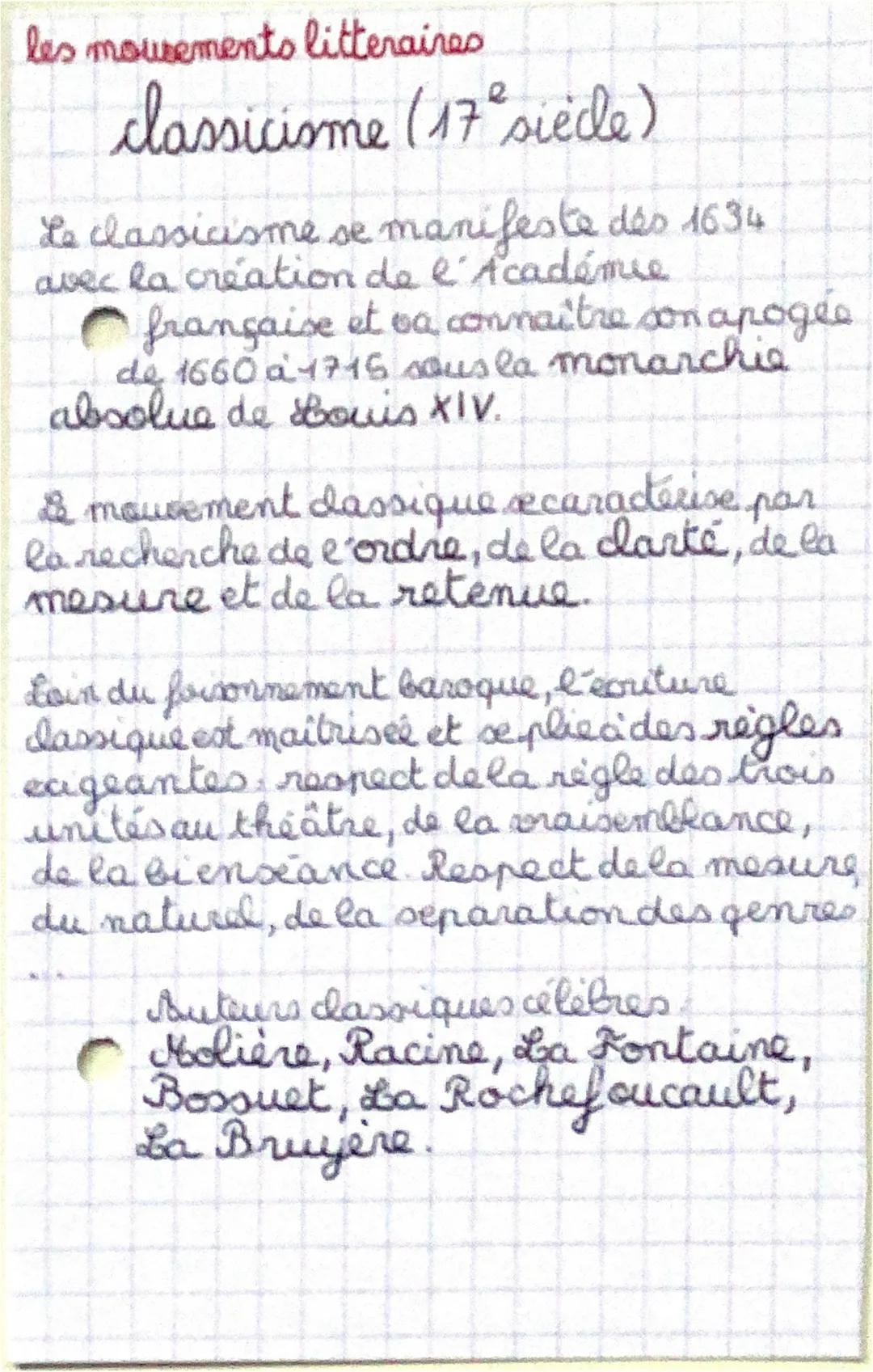 les mousements litteraires
classicisme (17° siècle)
Le classicisme se manifeste dés 1634
avec la création de l' Académie
française et va c