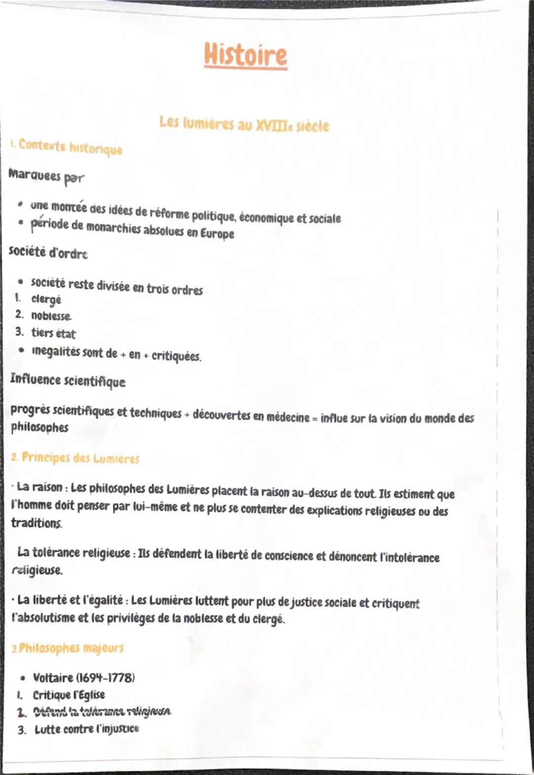 # Histoire
Les lumières au XVIIIe siècle
1. Contexte historique
Marquees par
* une montée des idées de réforme politique, économique e