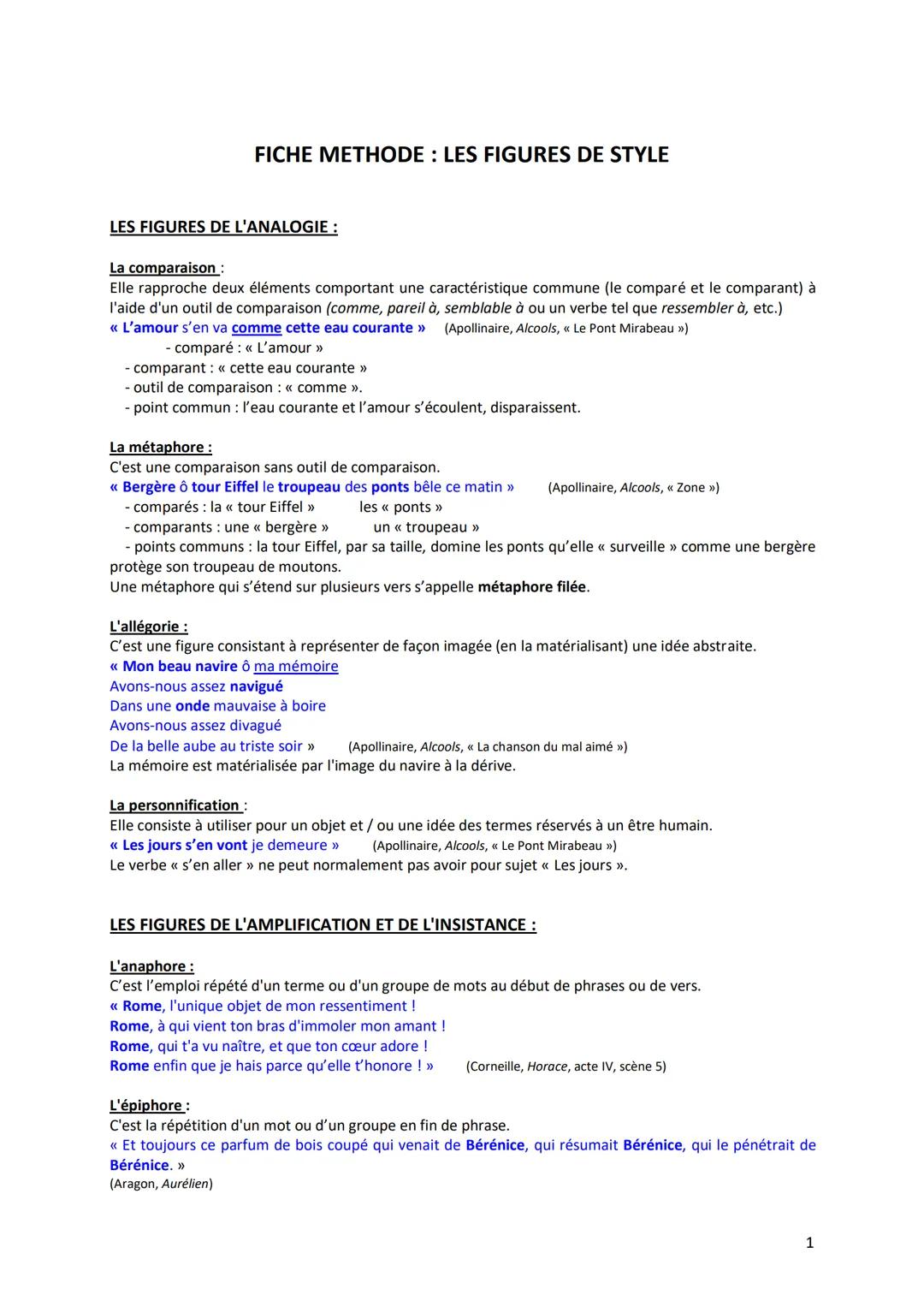 # FICHE METHODE : LES FIGURES DE STYLE
LES FIGURES DE L'ANALOGIE :
La comparaison :
Elle rapproche deux éléments comportant une caractéris