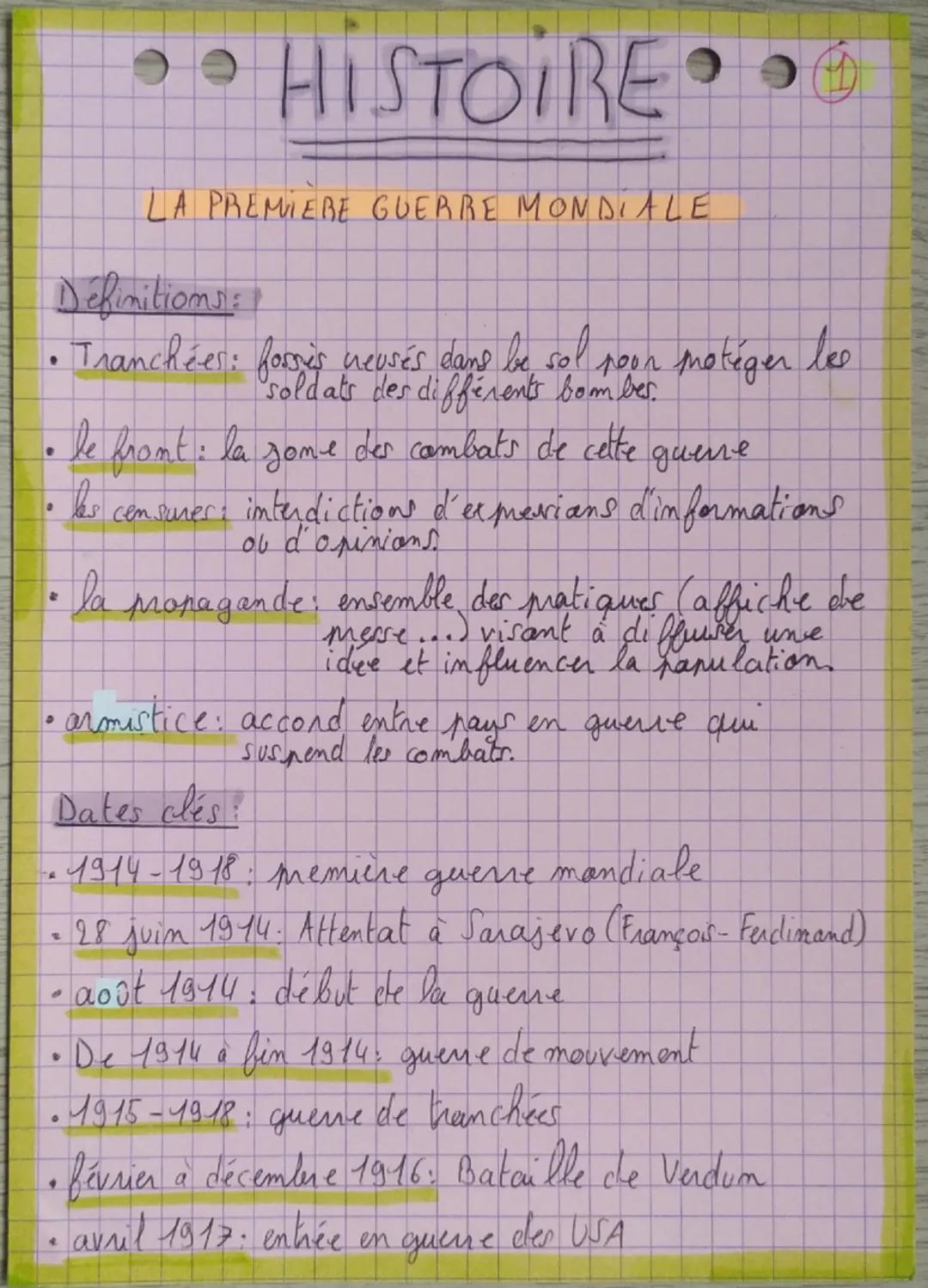 .
O
A
••HISTOIRE
LA PREMIERE GUERRE MONDIALE
Definitions:
Tranchées: formis neusés dans be sol roon motéger bee
soldats des différents bombe