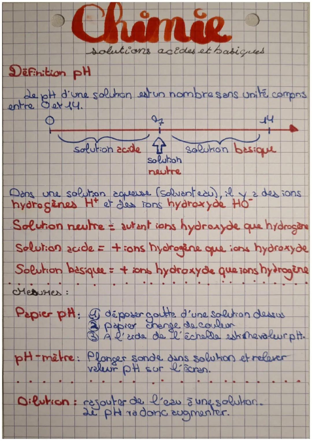 # Chimie
solutions acides et basiques.
Definition PH
de pit d'une solution est un nombresans unité compos
entre Oet 14.
Solution acide