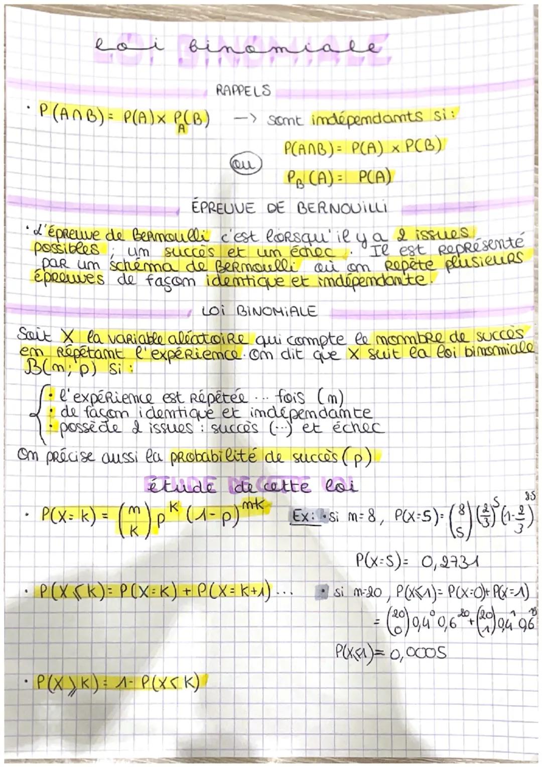 loi binomiale
inamiale
RAPPELS
-> sont indépendants si:
P(ANB) = P(A) x PCB)
PB (A) = P(A)
EPREUVE DE BERNOUILLI
P(ANB) = P(A) X P(B)
(ou
po