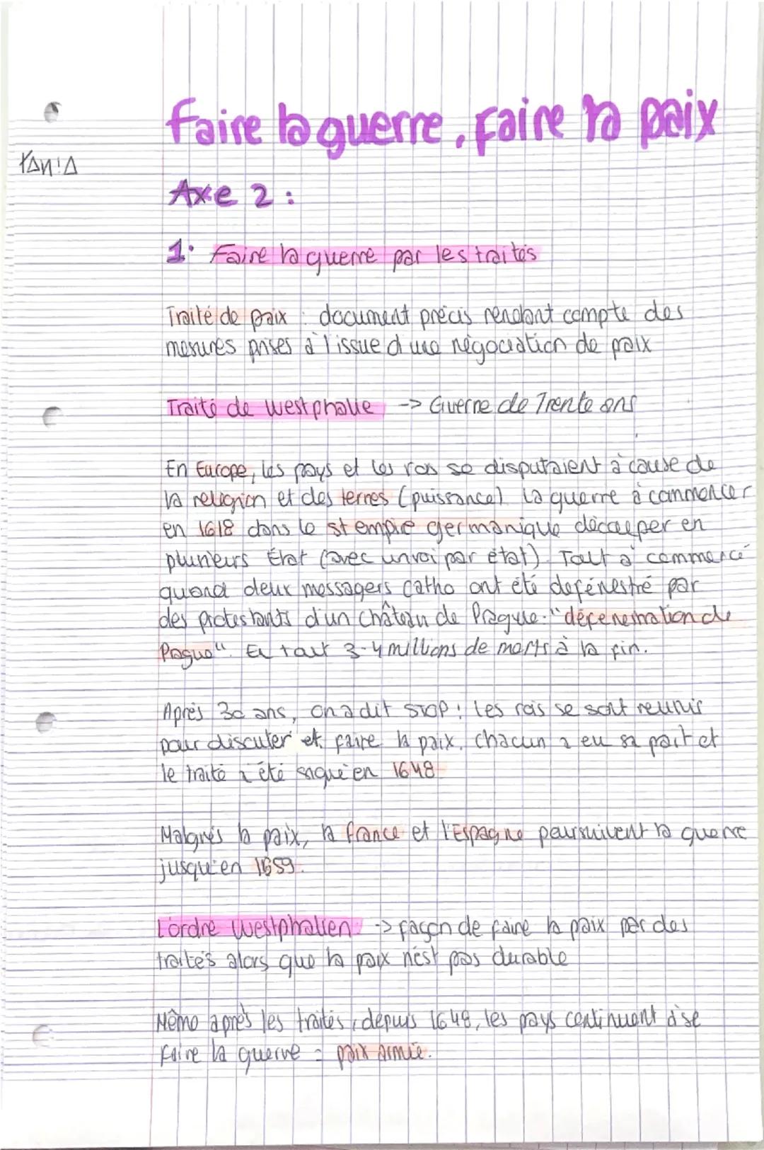 --- OCR Start ---
e
faire la guerre, faire ta paix
Axe 2:
1. Faire la querre par les traités
Traité de paix document precis rendbent compte