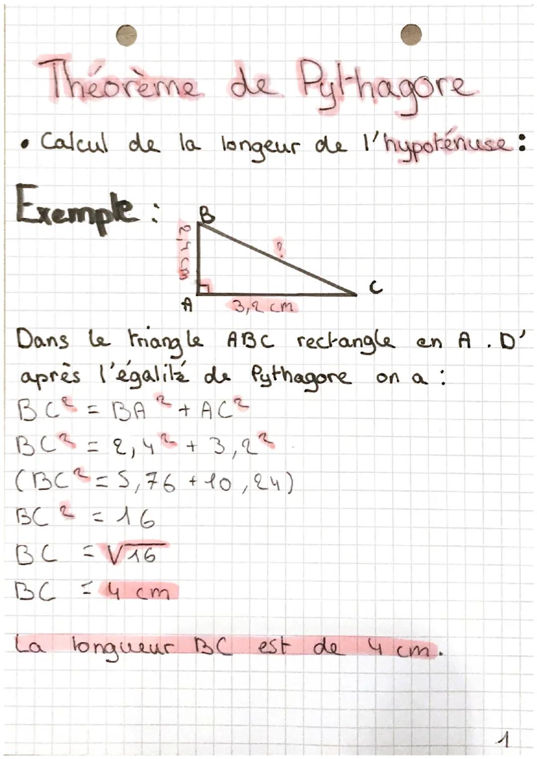 Théorème de Pythagore calcule de l’hypoténuse