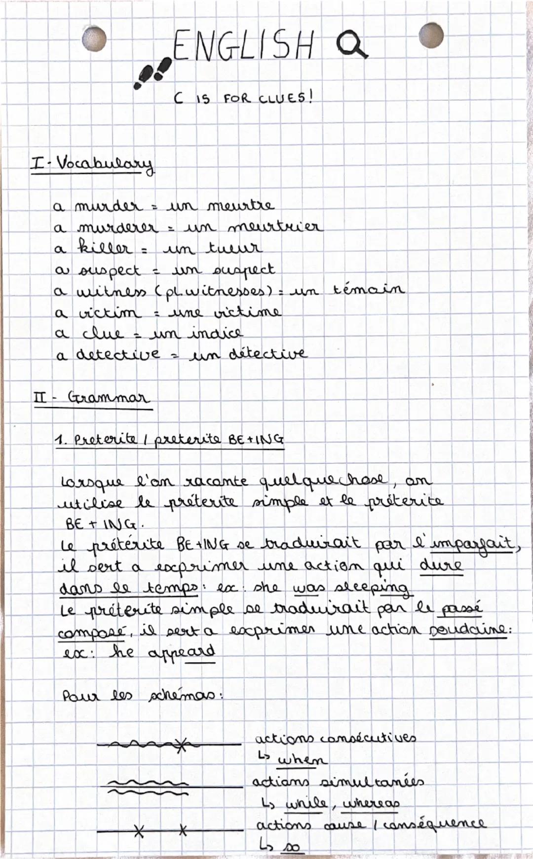 # ENGLISH Q
CIS FOR CLUES!
I-Vocabulary
a murder un meurtre
a murderer = un meurtrier
a killer un tueur
=
a suspect = un suspect
a wi