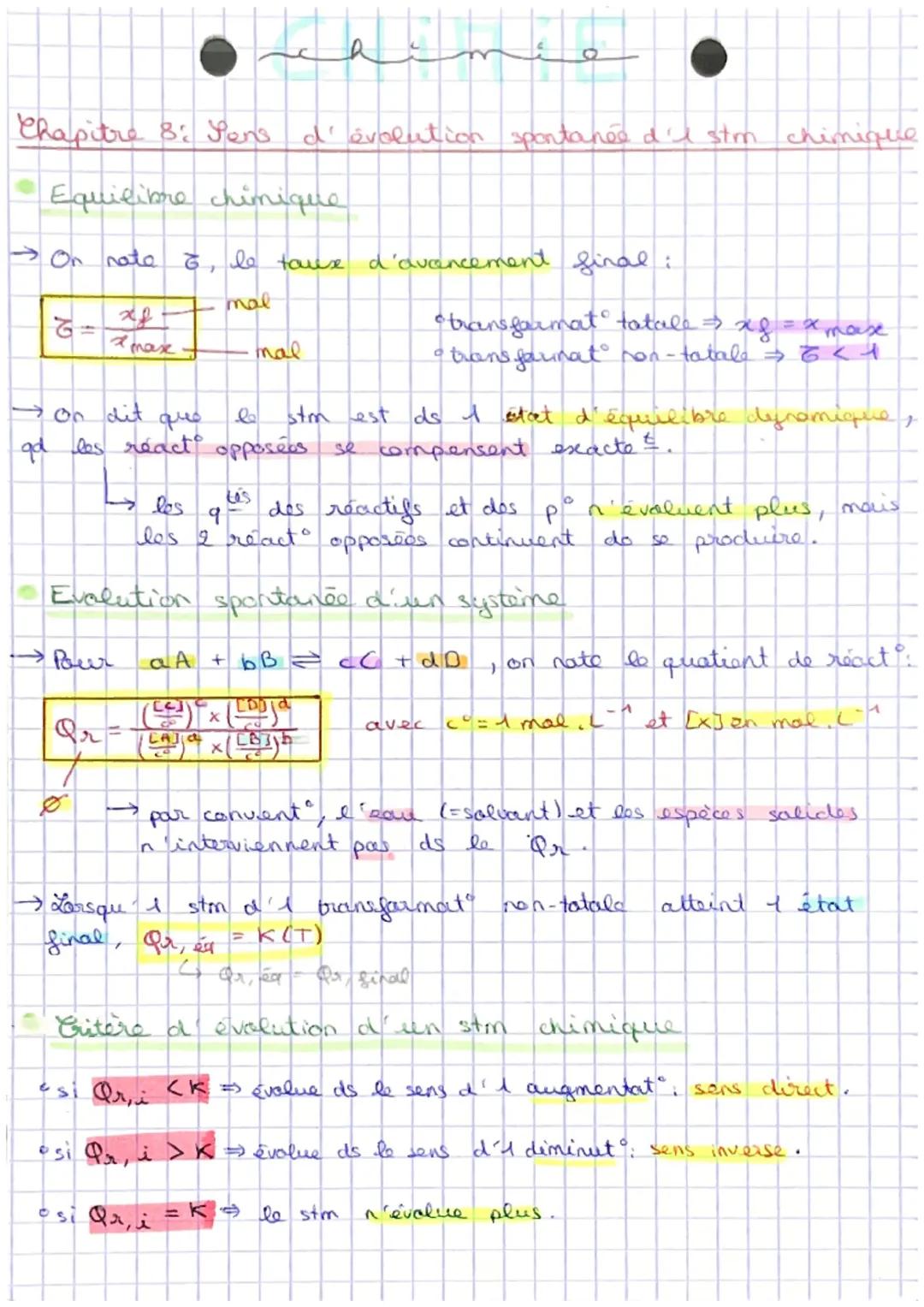 # chimie
Chapitre 8: Pens d'évolution spontanée d'e stm chimique
* Equilibre chimique
→On nate, le taux d'avancement final :
$
\overli